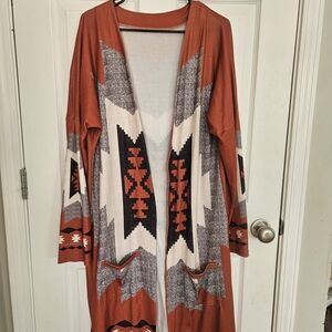 Aztec Patterned Open Front Cardigan Sweater - Rust and Black